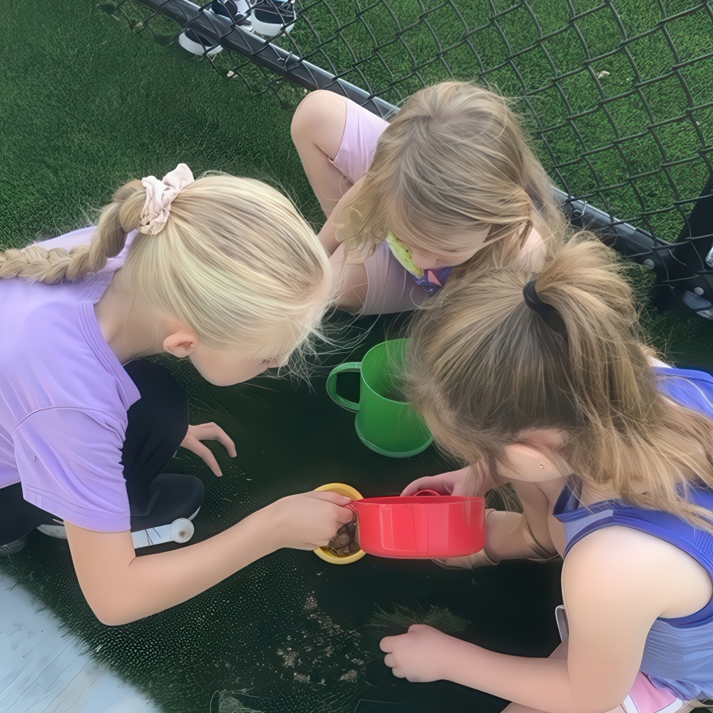 Three girls explore with toy buckets on the grass.