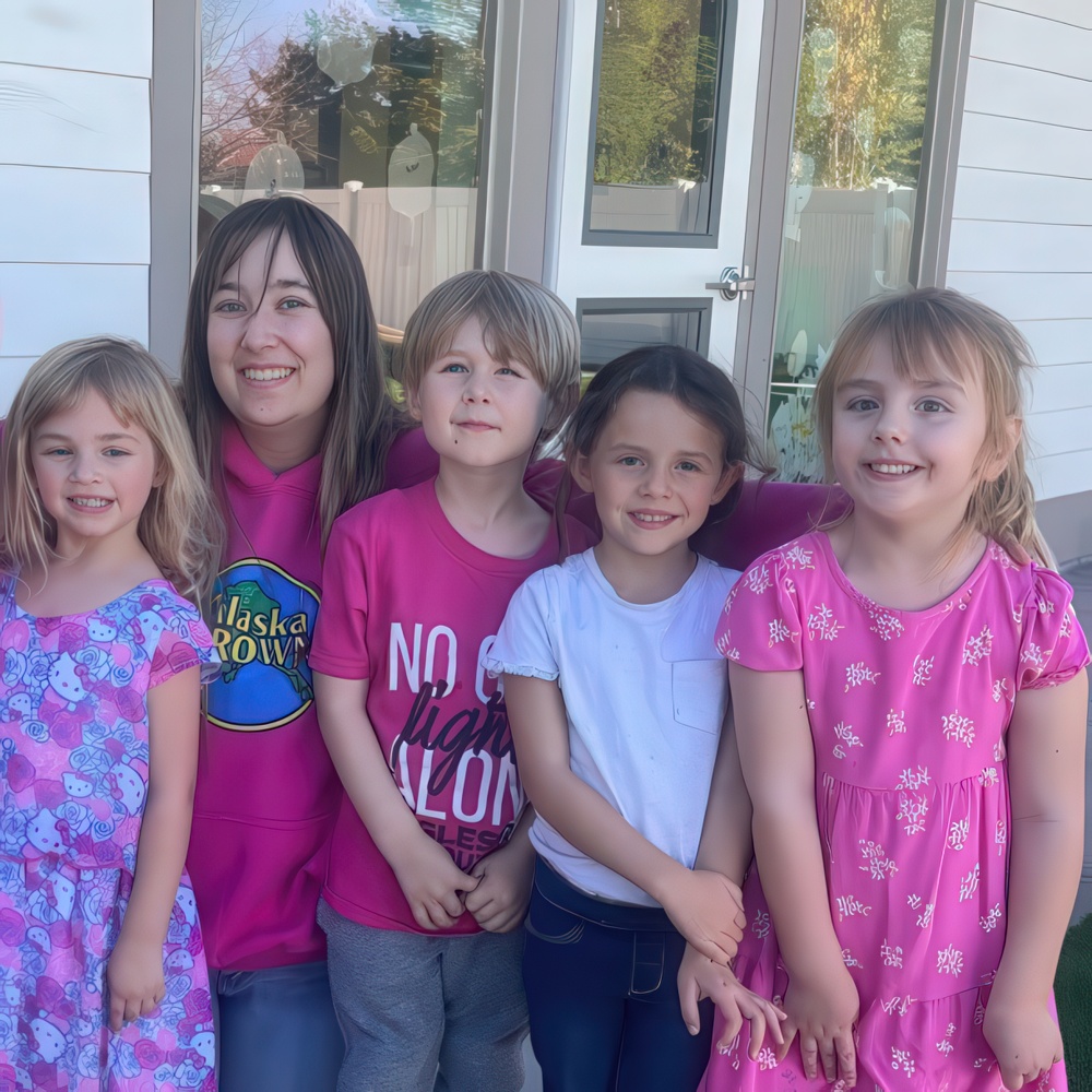 Teacher stands with four smiling kids in pink and white.