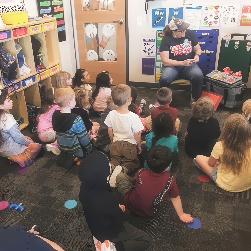 Children sit on the floor listening to a teacher read.