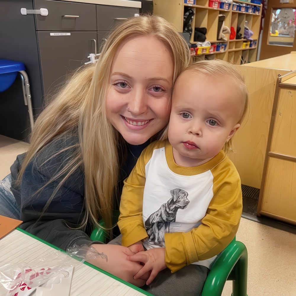 A teacher sitting closely with a young child indoors.